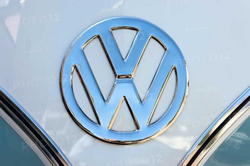 Chrome VW logo on the front of a Volkswagen Type 2 Transporter