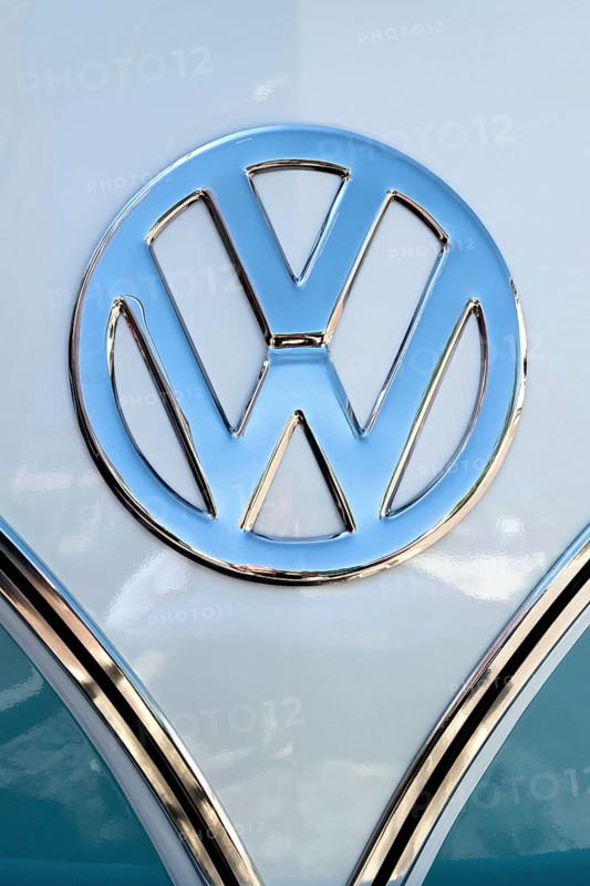Chrome VW logo on the front of a Volkswagen Type 2 Transporter