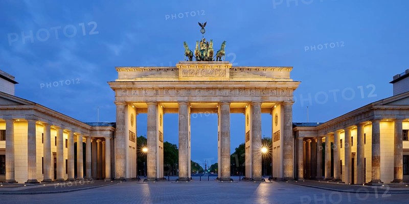 Illuminated Brandenburg Gate in the morning