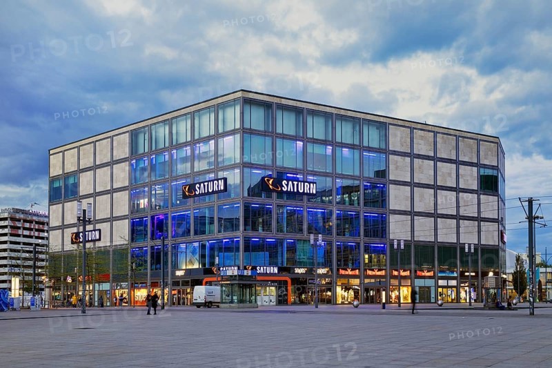 Saturn store on Alexanderplatz in the evening