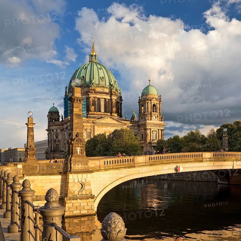 Berlin Cathedral on Museum Island with Friedrichsbruecke over the Spree