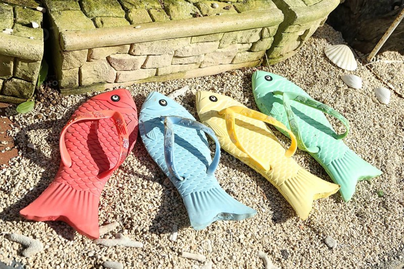 Colourful fish-shaped sandals as souvenirs