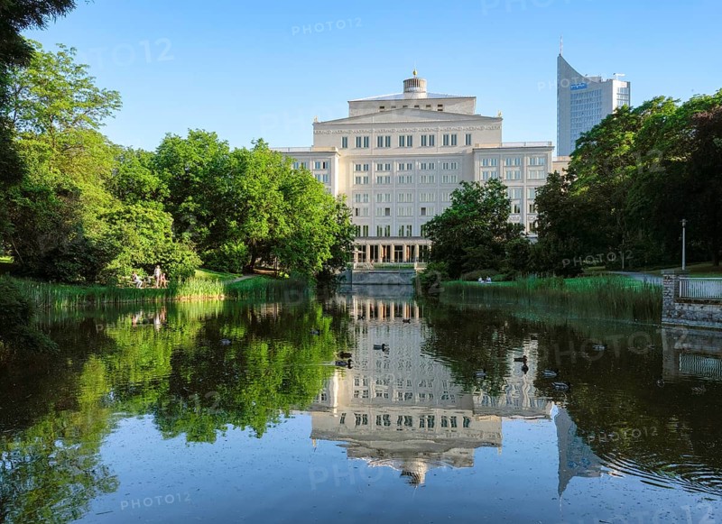 Swan pond with opera and city skyscraper