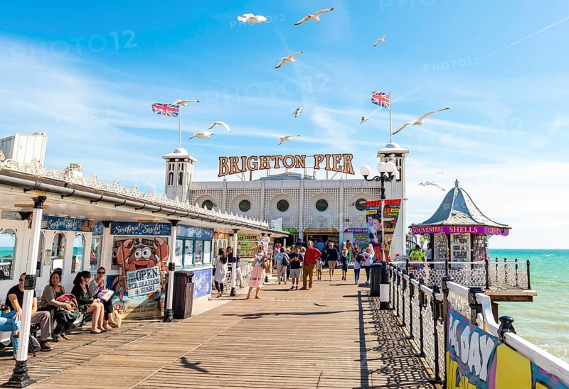 Tourists at Brighton Palace Pier with seagulls