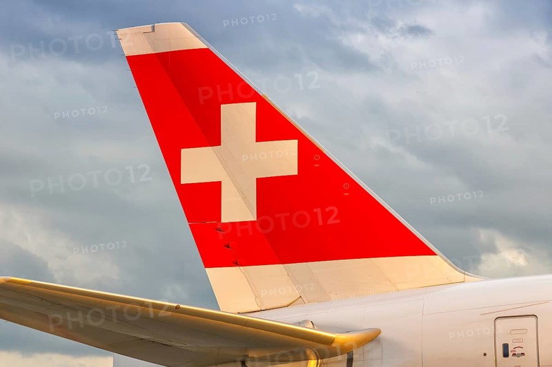 Swiss Airbus aircraft tail unit at Zurich Airport