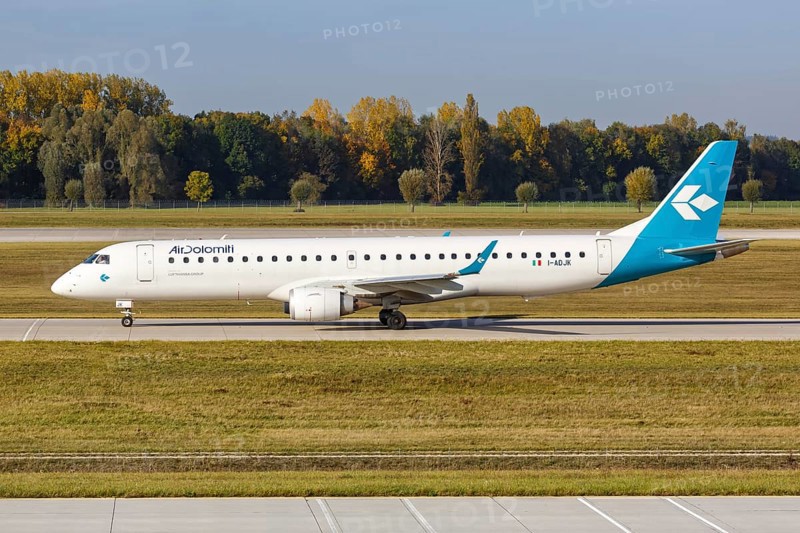 An Embraer ERJ 195 aircraft of Air Dolomiti with registration number I-ADJK at Munich Airport