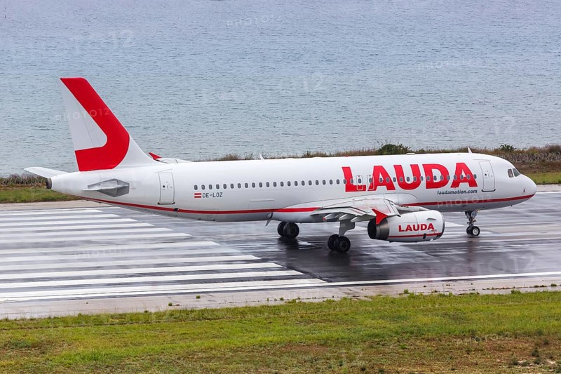 A Lauda Airbus A320 aircraft with registration number OE-LOZ at Corfu Airport