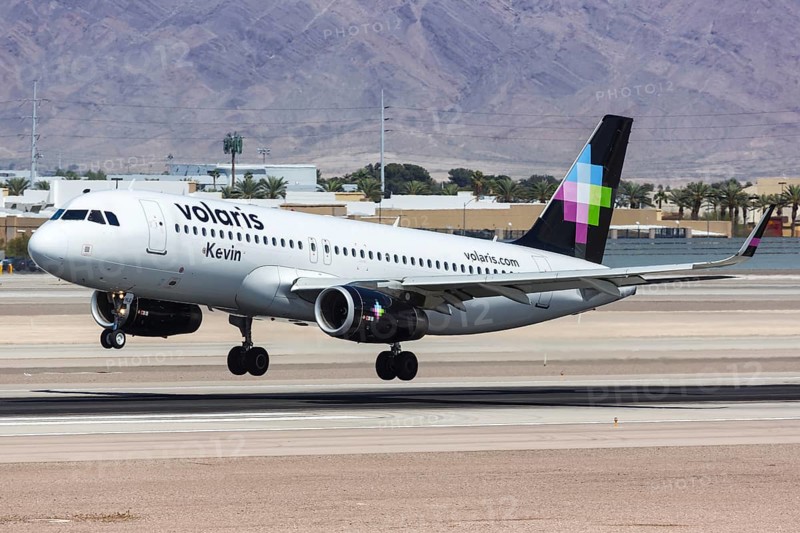 A Volaris Airbus A320 aircraft with registration XA-VLE lands at Las Vegas Airport