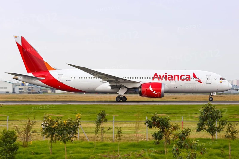 An Avianca Boeing 787-8 Dreamliner aircraft with registration N795AV takes off from Bogota airport