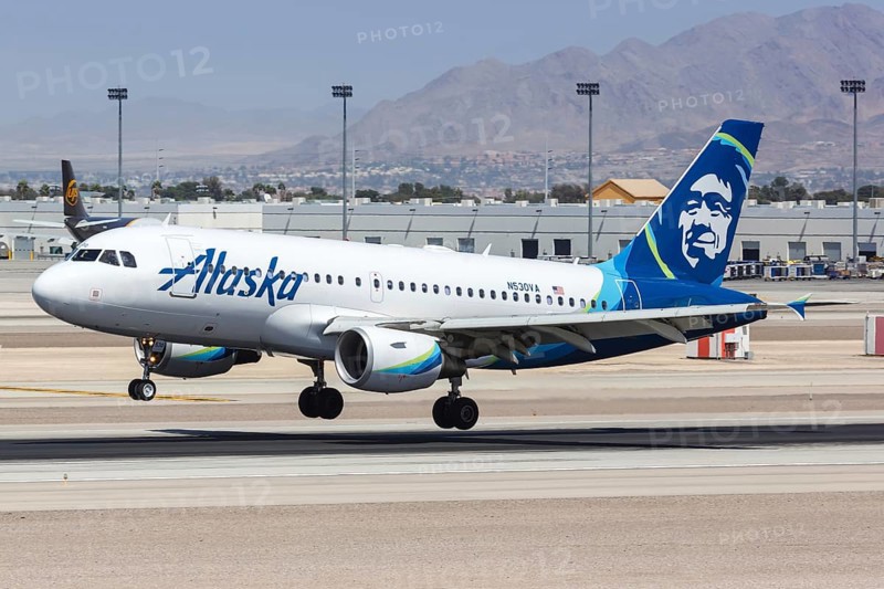 An Alaska Airlines Airbus A319 aircraft with registration number N530VA lands at Las Vegas airport