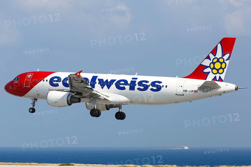 An Airbus A320 aircraft of Edelweiss with registration HB-JJK lands at Heraklion Airport