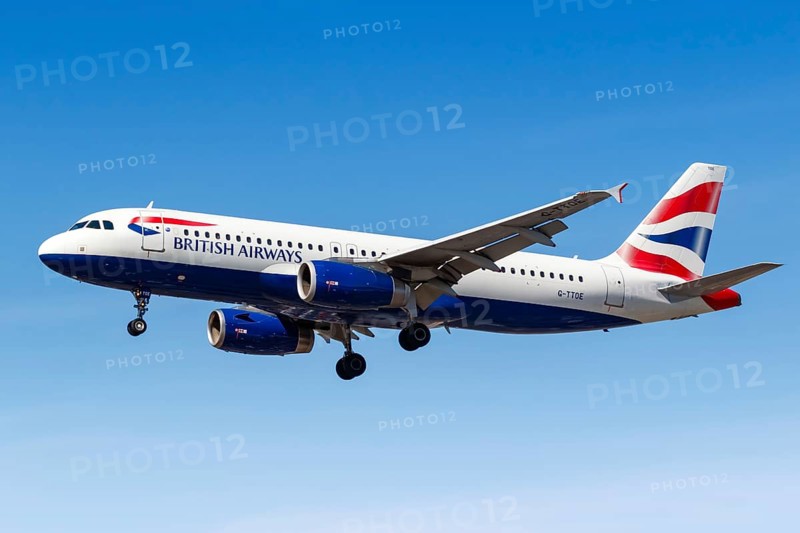 A British Airways Airbus A320 with the registration G-TTOE lands at London Heathrow Airport