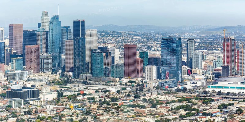 Downtown skyline city building panorama aerial view in Los Angeles