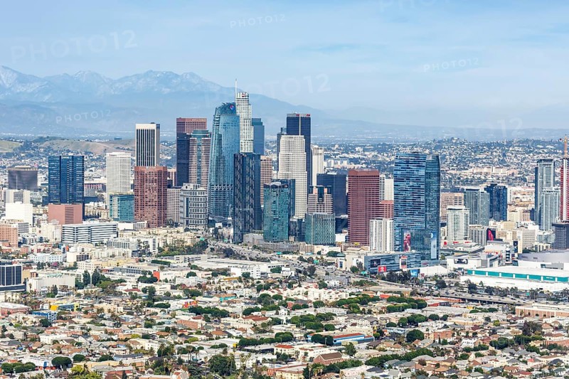 Downtown skyline city building aerial view in Los Angeles