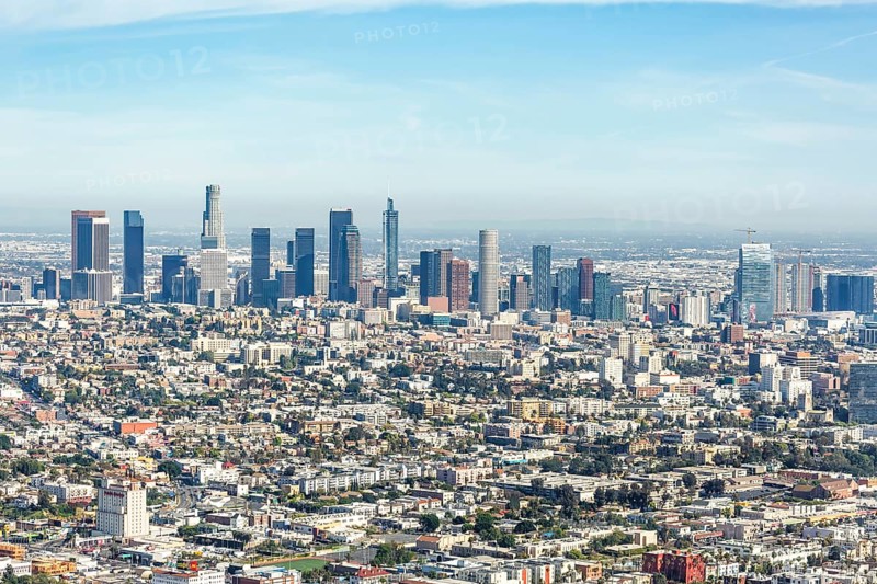 Downtown skyline city building aerial view in Los Angeles