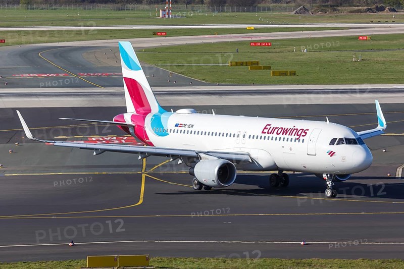 An Airbus A320 of Eurowings Europe with the registration OE-IEW at Duesseldorf Airport