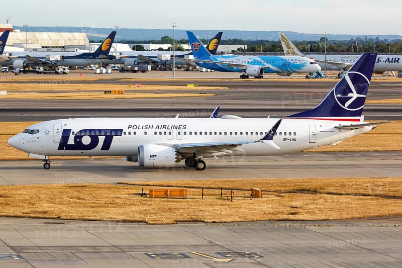 A Boeing 737-8 MAX aircraft of LOT Polish Airlines with registration SP-LVA at London Heathrow Airport