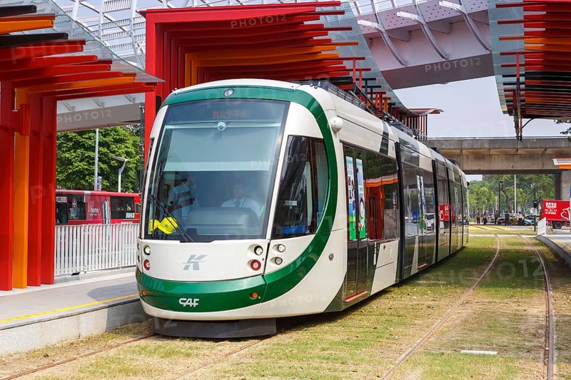 CAF Urbos Tram Light Rail public transport at Cianjhen European Starling stop in Kaohsiung