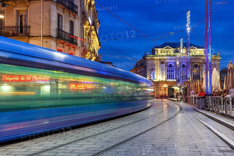 Alstom Citadis tram Tramway de Montpellier public transport at the Comedie stop in Montpellier