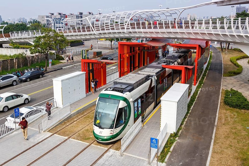 CAF Urbos Tram Light Rail public transport at Cianjhen European Starling stop in Kaohsiung