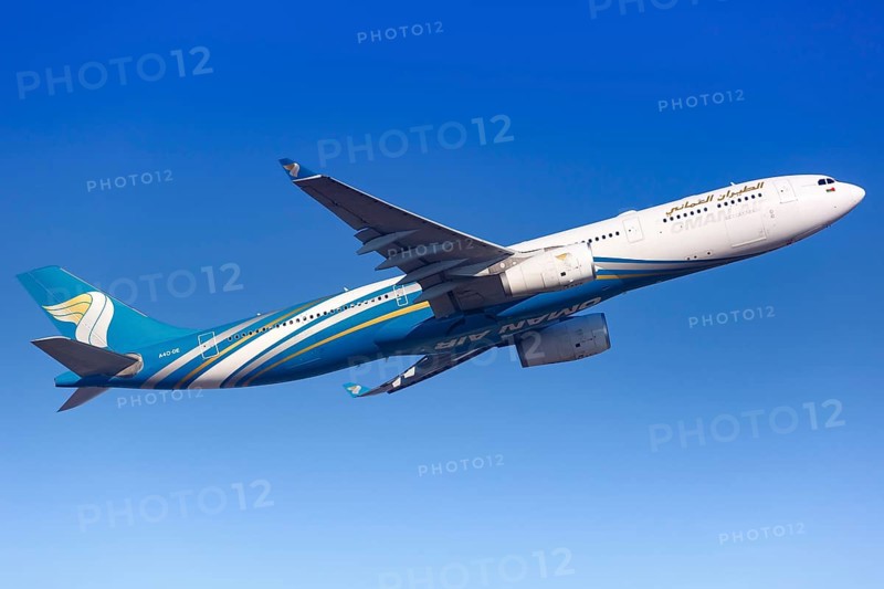 An Airbus A330-300 of Oman Air with the registration A4O-DE takes off from Frankfurt Airport