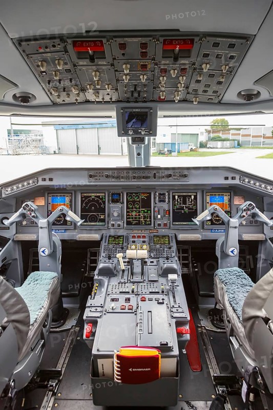Cockpit of a German Airways Embraer 190 with registration D-AJHW at Cologne Airport