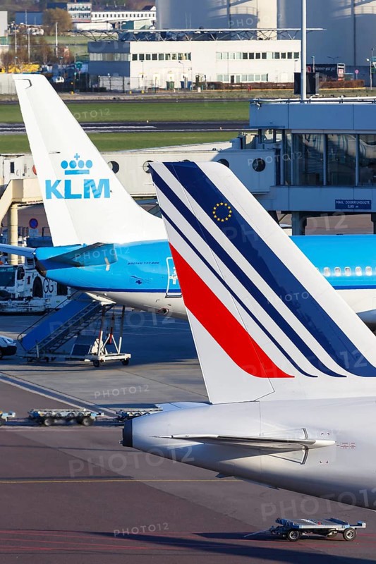 Aircraft of KLM Royal Dutch Airlines and Air France at Amsterdam Schiphol Airport