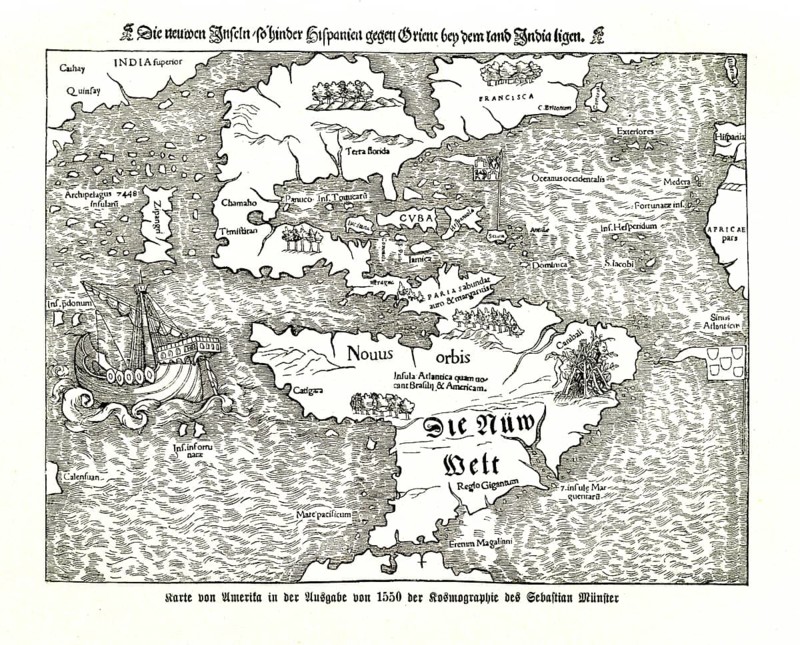 Historical map of America in the 1550 edition of the Cosmography of Sebastian Muenster
