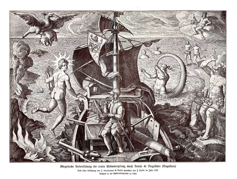Allegorical depiction of the first circumnavigation of the world by Fernao de Magalhaes (Fernando/Ferdinand Magellan)