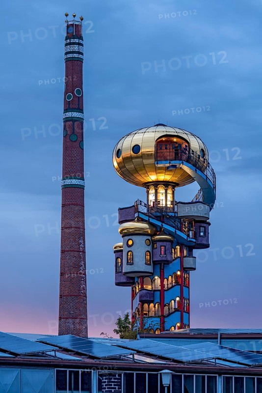 Kuchlbauer Tower or Hundertwasser Tower by Friedensreich Hundertwasser and Peter Pelican with chimney of the Kuchlbauer brewery