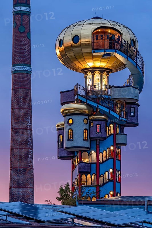 Kuchlbauer Tower or Hundertwasser Tower by Friedensreich Hundertwasser and Peter Pelican with chimney of the Kuchlbauer brewery