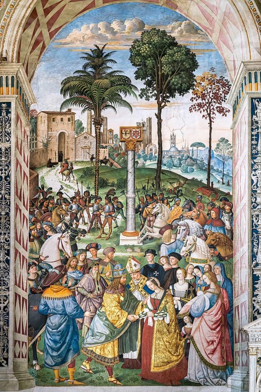 Archbishop Piccolomini brings together the fiancees of Emperor Frederick III and Eleonora of Aragon in Siena