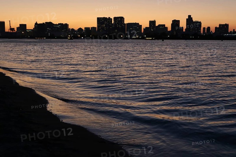 View from Odaiba Beach to Tokyo Bay with skyline silhouette at dusk