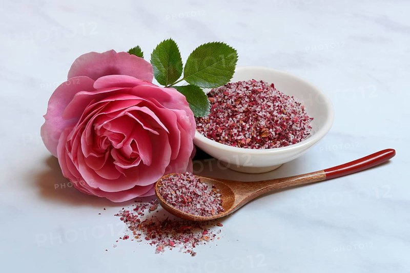 Rose salt in bowl and spoon