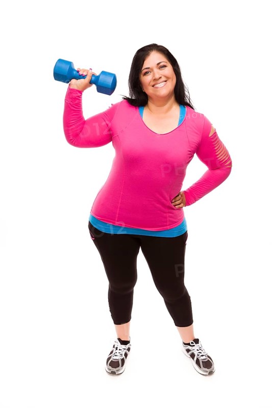 Attractive middle aged hispanic woman in workout clothes lifting dumbbell against a white background