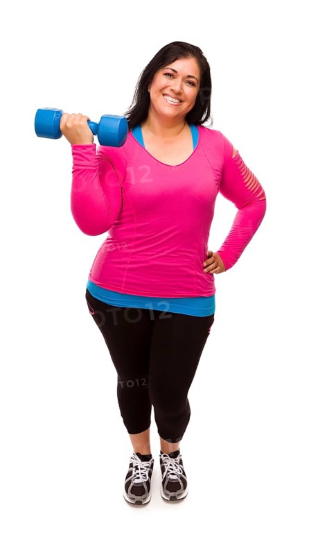 Attractive middle aged hispanic woman in workout clothes lifting dumbbell against a white background