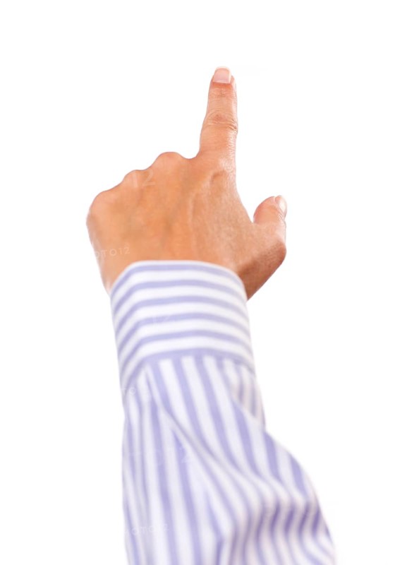 Hand of woman in dress shirt pointing or pushing button isolated on a white background
