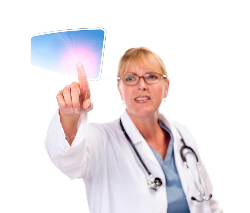 Attractive female doctor touching button on touch screen