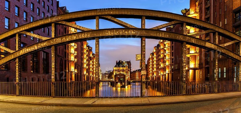 Moated castle Speicherstadt castle panorama at night in Hamburg