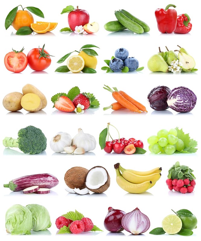 Fruit and Vegetable Fruits Apple Orange Lemon Berries Onion isolated against a white background in Germany