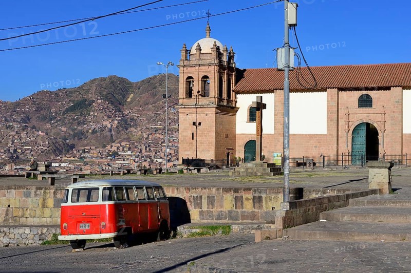 Old VW bus in front of the church San Cristobal