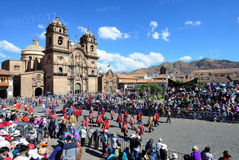 Plaza de Armas with Cathedral Catedral Basilica de la Virgen de la Asuncion during a parade