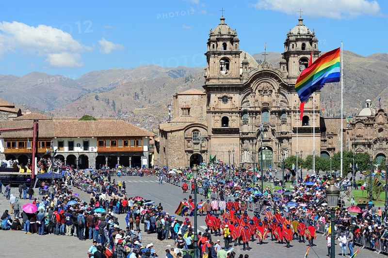 Plaza de Armas with Cathedral Catedral Basilica de la Virgen de la Asuncion during a parade