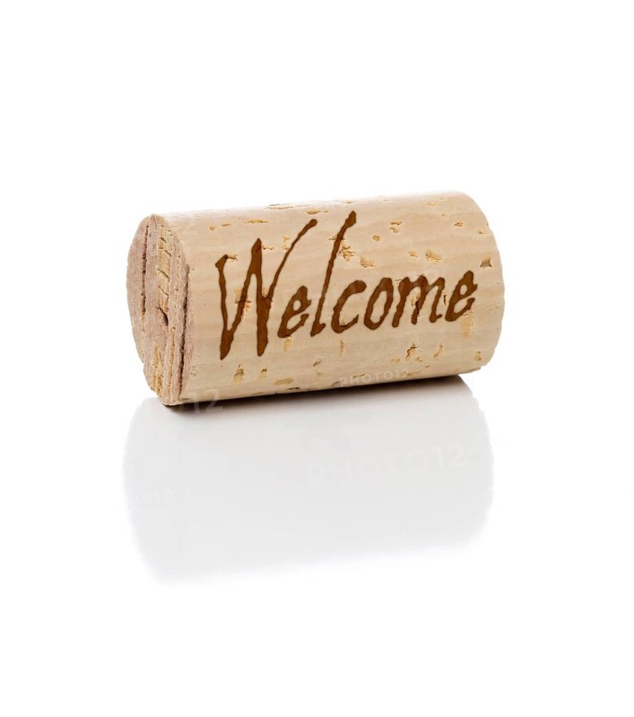 Welcome branded wine cork isolated on a white background