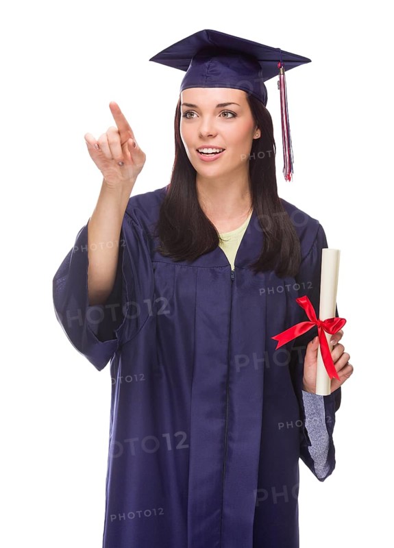 Young female graduate with diploma pushing button or pointing isolated on white