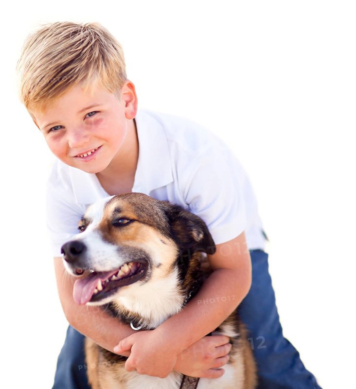 Handsome young boy playing with his dog isolated on a white background