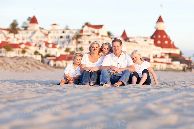 Happy caucasian family in front of hotel del coronado on a sunny afternoon