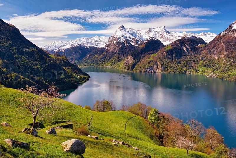 View of Lake Uri and snow-covered mountains Gitschen and Uri-Rotstock