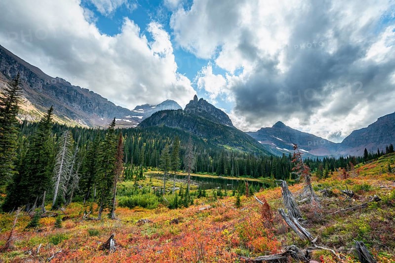 View of Lone Walker Mountain and Mount Rockwell with bushes in fall colors