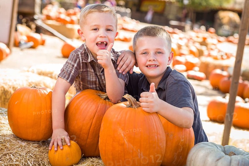 Two boys at the pumpkin patch with thumbs up and having fun on a fall day